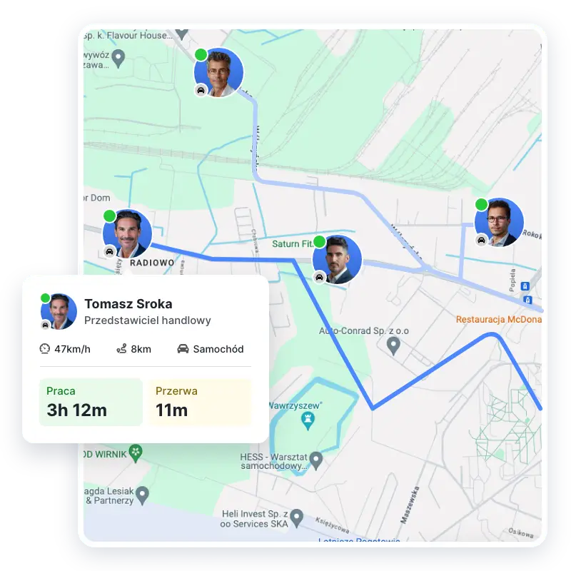 Mapa z trasą przedstawiciela handlowego i czasem pracy podczas delegacji z aktywnym modułem Monitoringu GPS w aplikacji Moniti