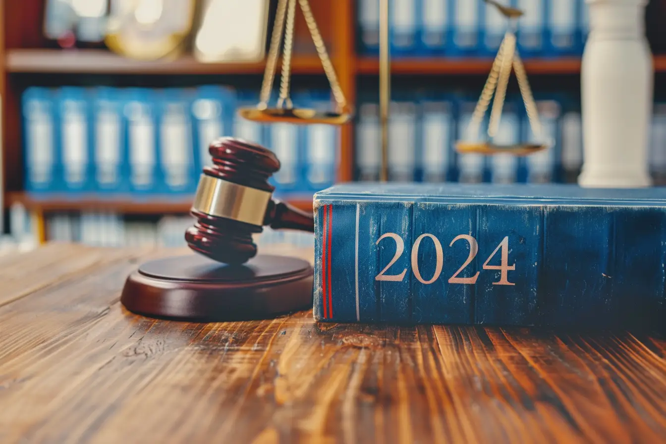 Kodeks prawny na rok 2024 z młotkiem sędziowskim i wagą na tle biblioteki prawnej.