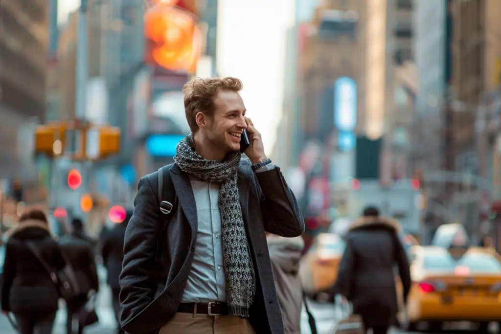 Uśmiechnięty mężczyzna rozmawia przez telefon komórkowy na miejskiej ulicy.