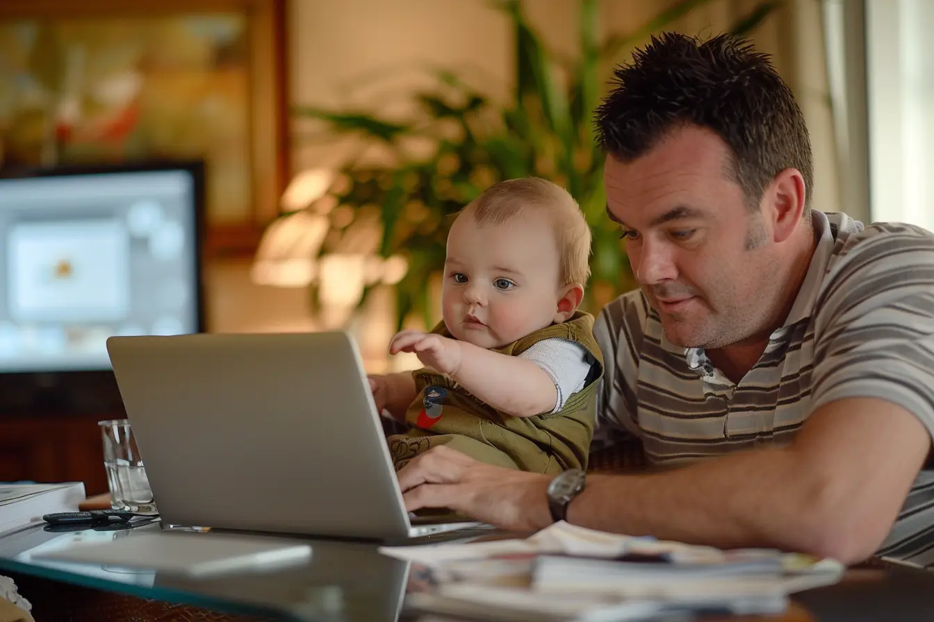 Ojciec z małym dzieckiem wspólnie pracujący na laptopie w domowym biurze.