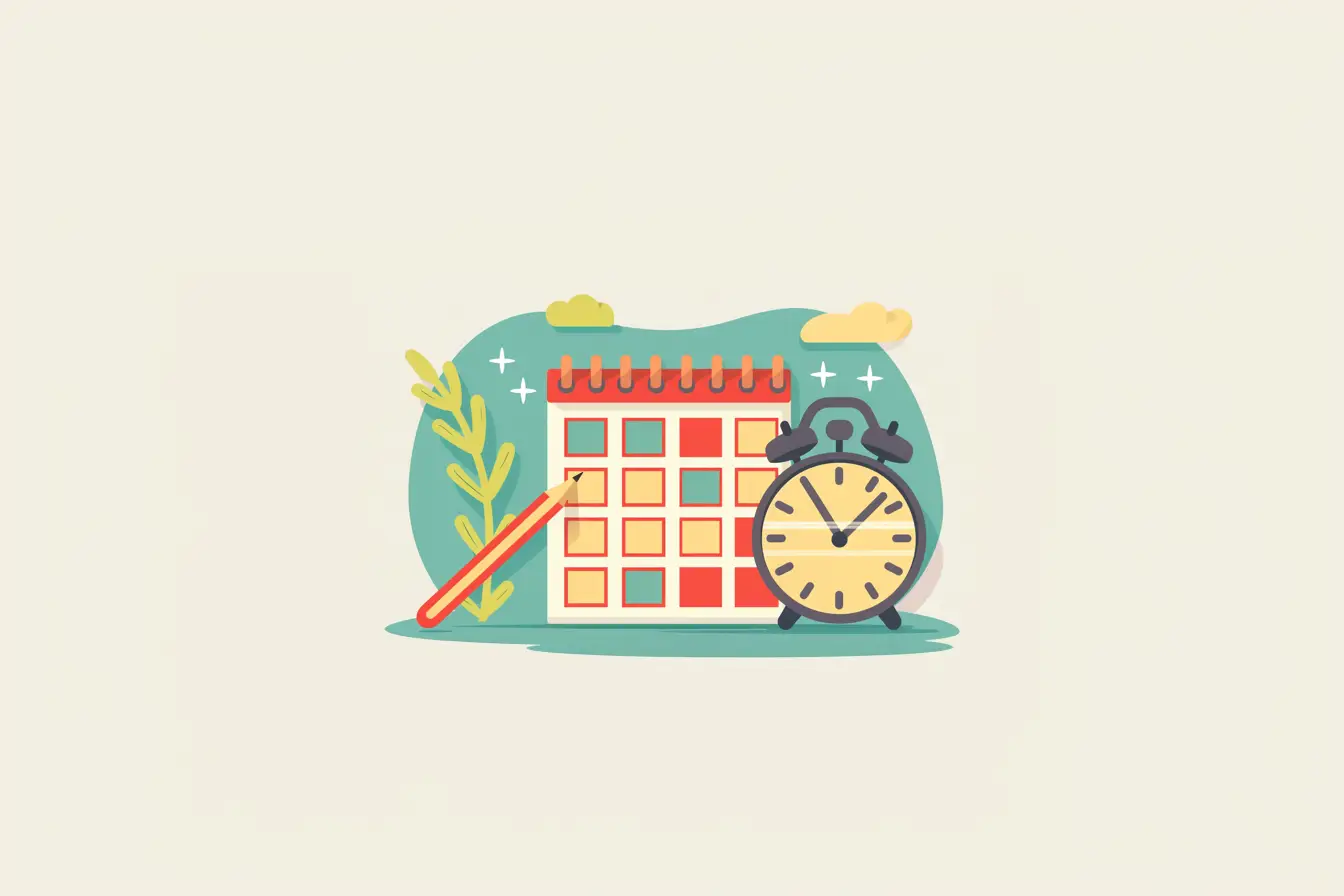 Kolorowa ilustracja kalendarza z długopisem i budzikiem, koncept planowania czasu.