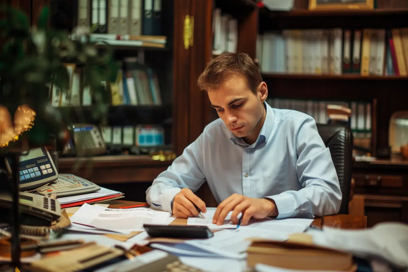 Pracownik biurowy analizujący dokumenty przy biurku w bibliotece.