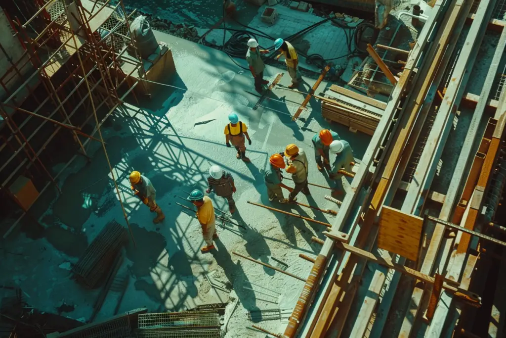 Pracownicy budowlani w kaskach na placu budowy w słoneczny dzień