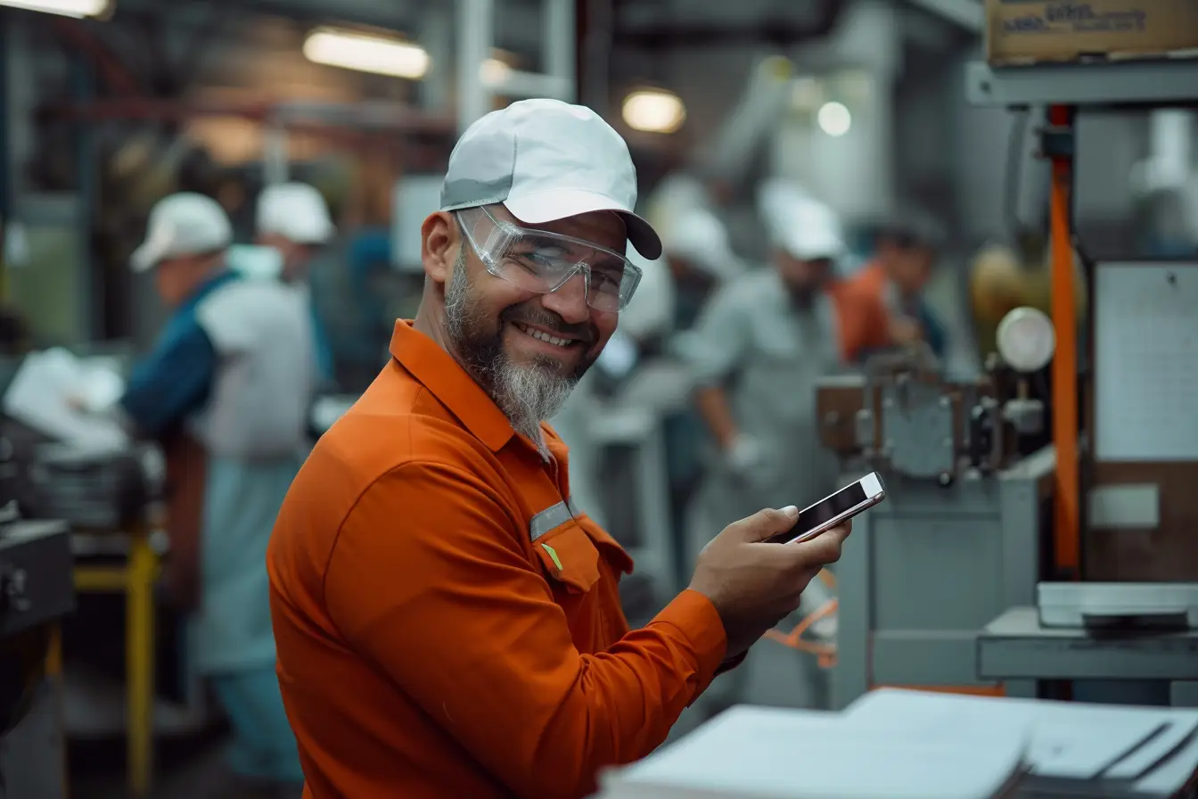 Uśmiechnięty pracownik z telefonem komórkowym na hali produkcyjnej