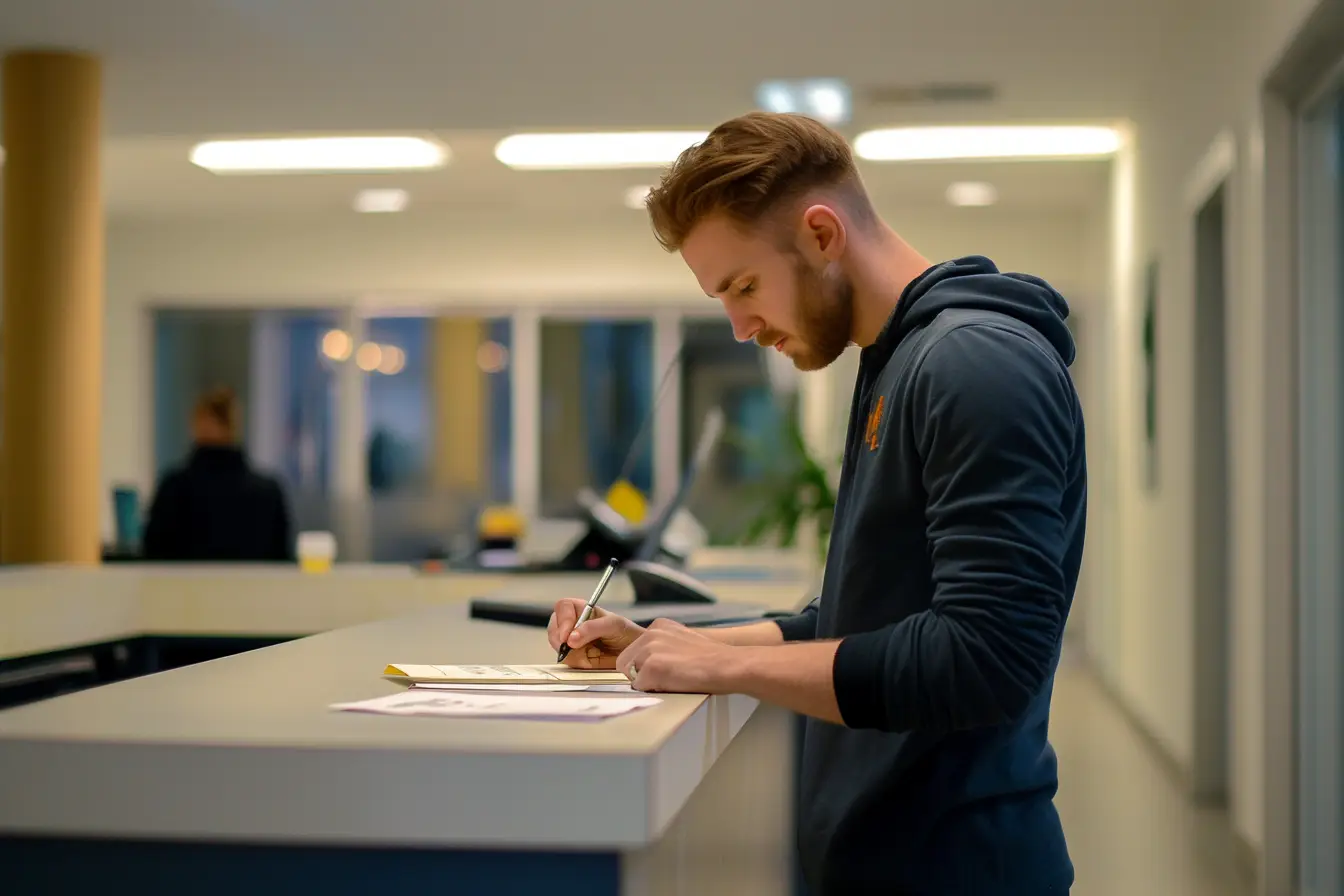Pracownik w dresowej bluzie wypełnia dokumenty przy recepcji biura