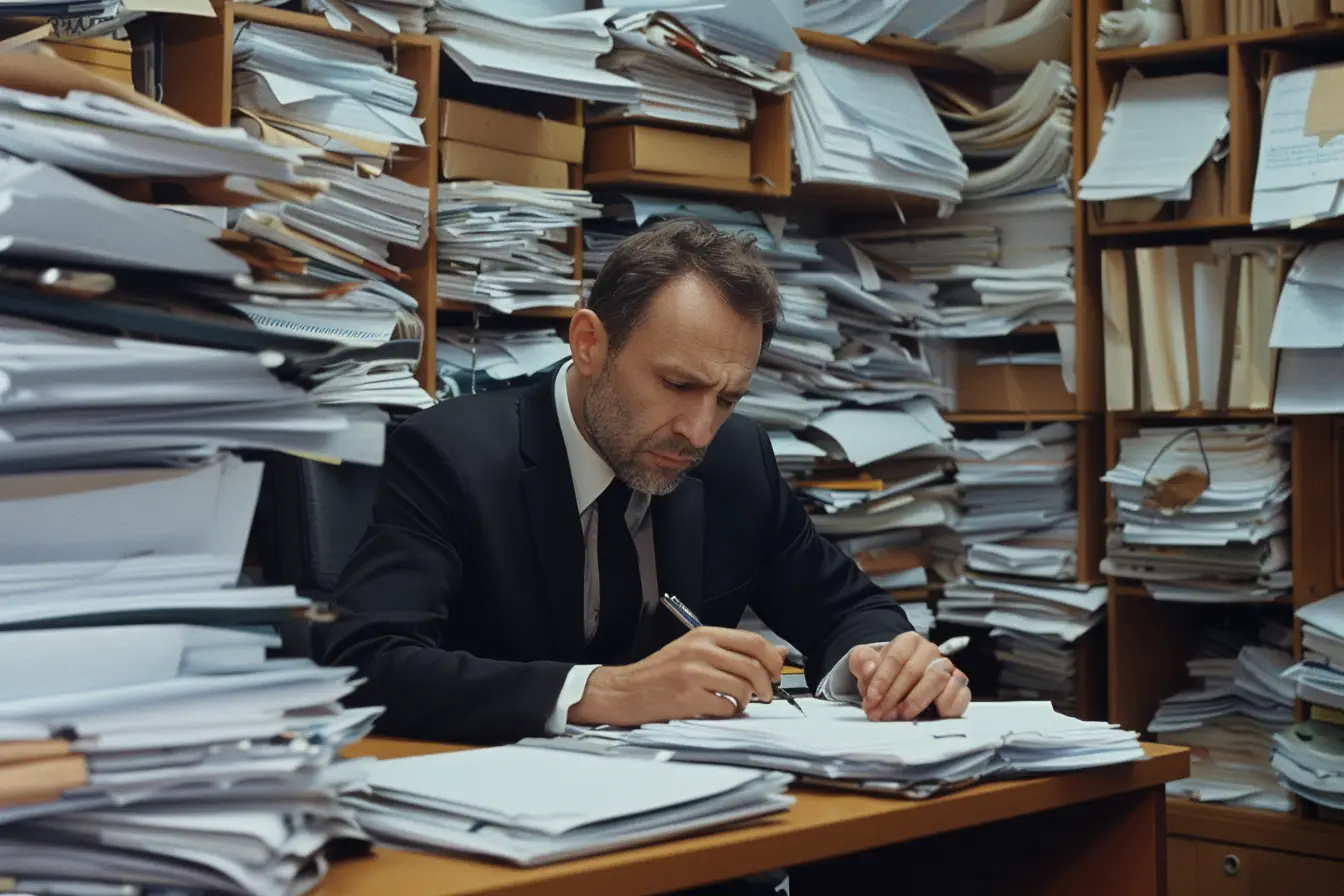 Zmęczony mężczyzna pracujący przy biurku z górą dokumentów w biurze.