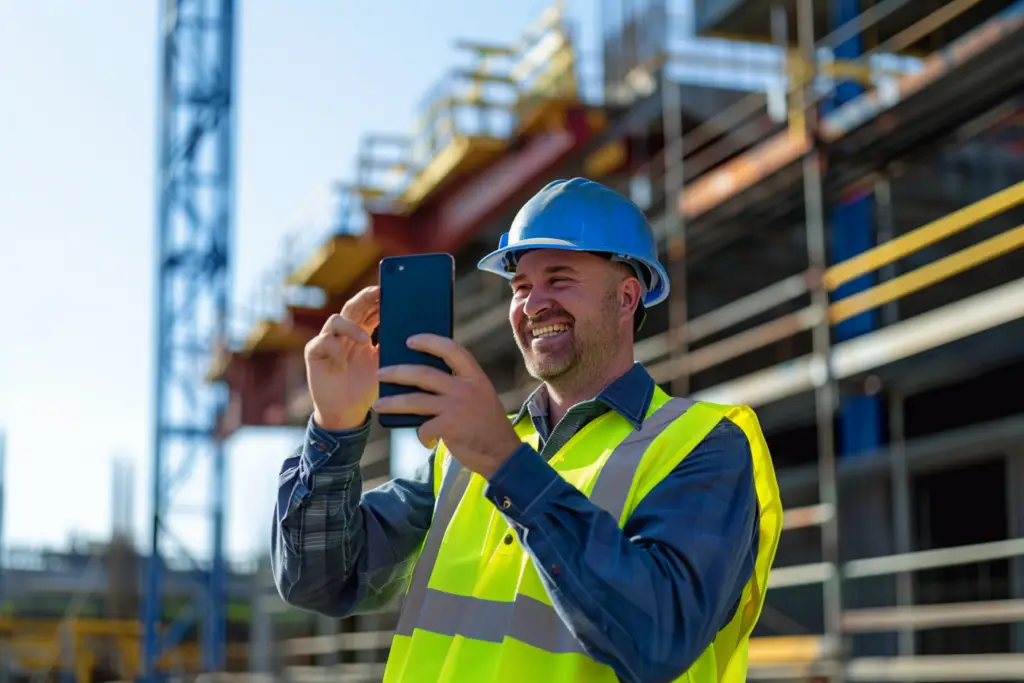 Uśmiechnięty pracownik budowlany w hełmie robi zdjęcie smartfonem na placu budowy.