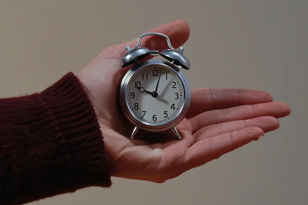 Dłoń trzymająca mały budzik, symbolika zarządzania czasem i terminowości.