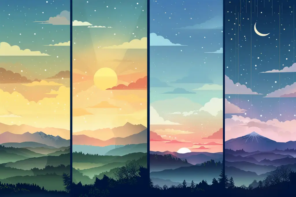Ilustracja przedstawiająca cztery pory dnia nad górskim krajobrazem, od wschodu do nocy.