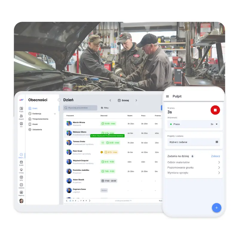 Monitorowanie obecności i zadań mechaników w warsztacie samochodowym.