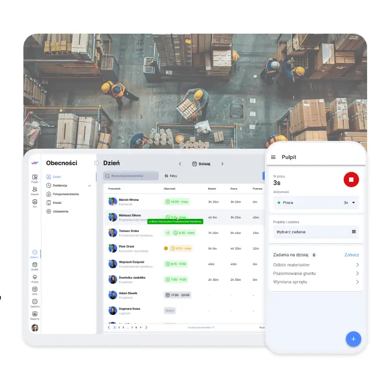 Monitorowanie obecności i zadań pracowników w magazynie.