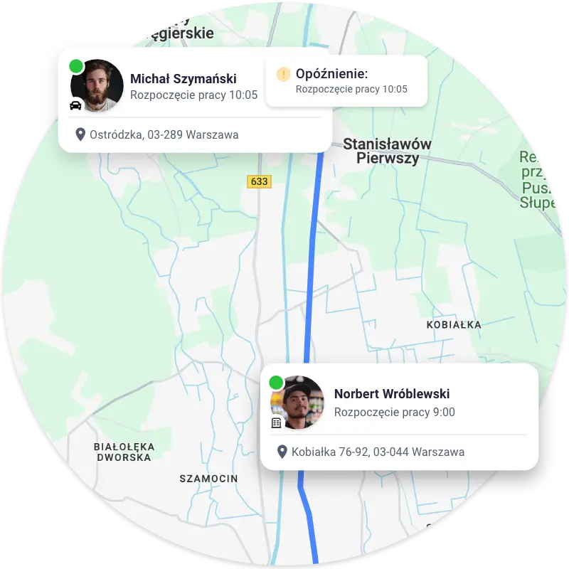 Mapa GPS z miejscami rozpoczęcia pracy i opóźnieniem.