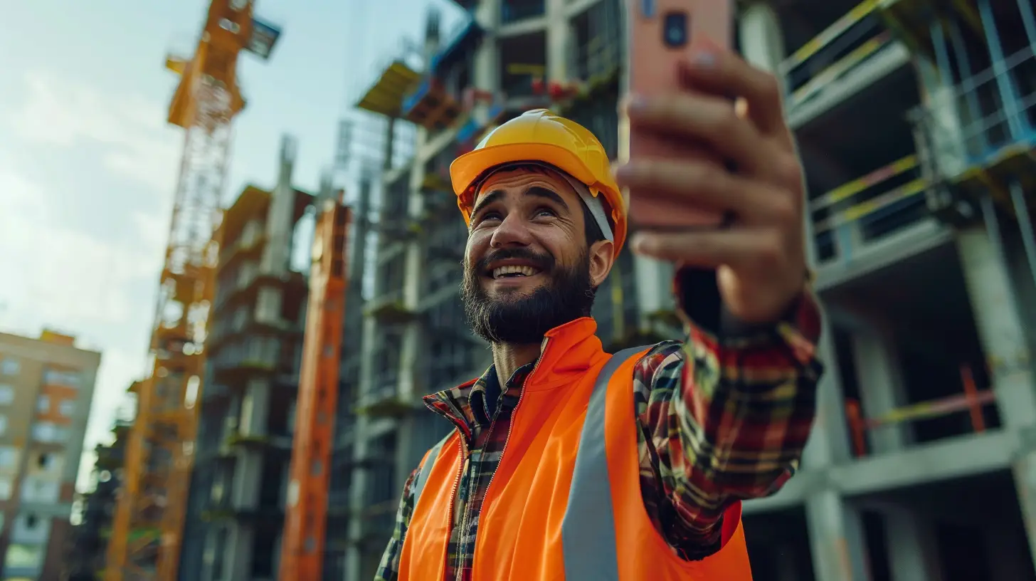 Pracownik budowlany w kasku i kamizelce odblaskowej robi selfie na tle placu budowy. potwierdzenie obecności