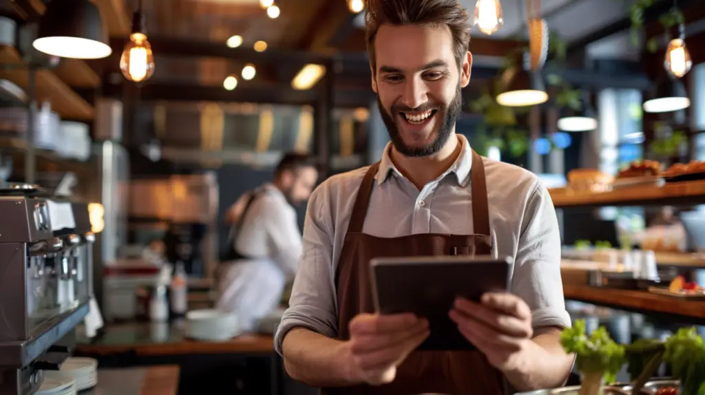 Uśmiechnięty barista pracujący na tablecie w kawiarni. Rozliczanie czasu pracy pracowników