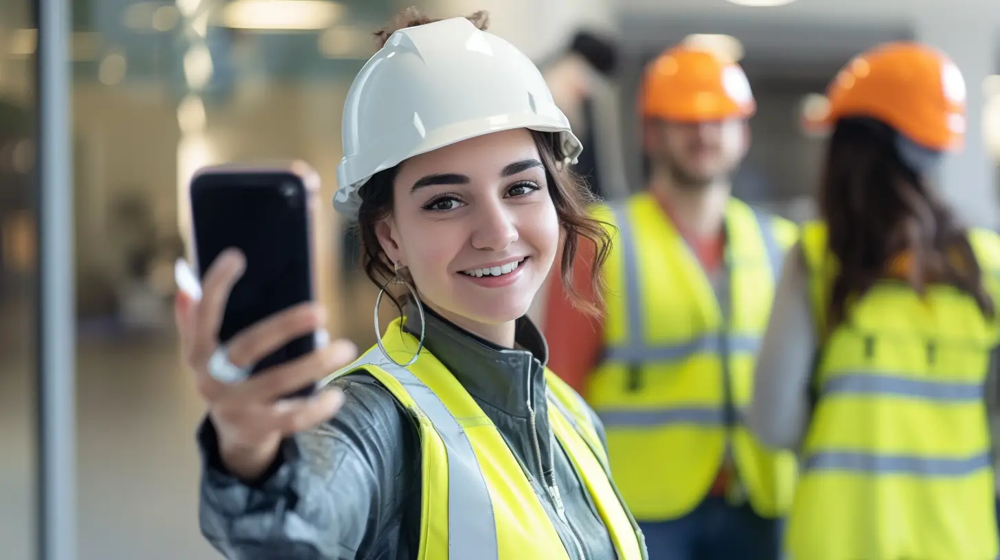 Kobieta w kasku i kamizelce odblaskowej robi selfie na budowie.