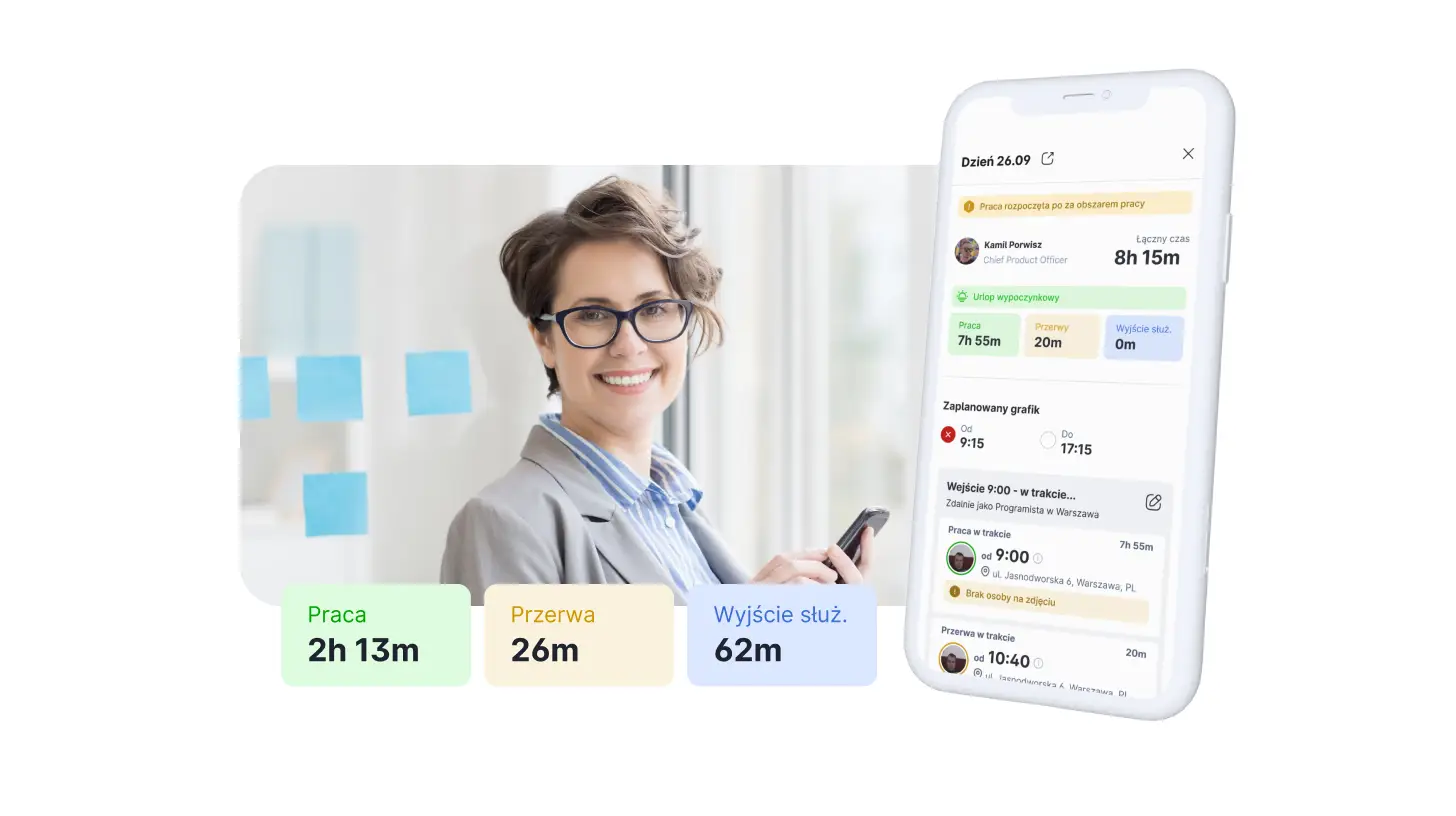 Aplikacja do monitorowania czasu pracy z podziałem na pracę, przerwy i wyjścia służbowe.