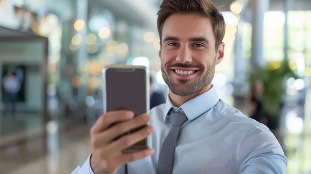 Mężczyzna w eleganckiej koszuli i krawacie robiący selfie w biurowcu.