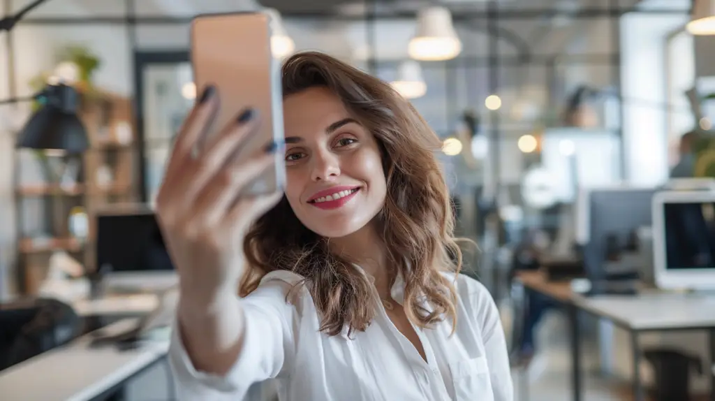 Kobieta w biurze robiąca selfie smartfonem, uśmiechnięta do kamery.System przerywanego czasu pracy