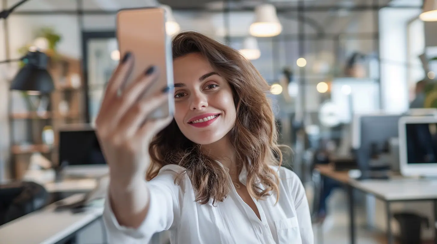 Kobieta w biurze robiąca selfie smartfonem, uśmiechnięta do kamery.