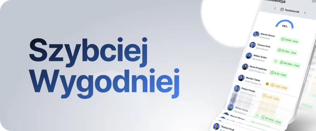 Ekran aplikacji z funkcją monitoringu czasu pracy z hasłem "Szybciej, Wygodniej".