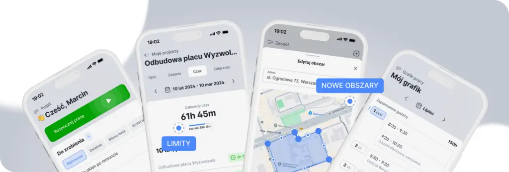 Ekrany aplikacji z funkcjami zarządzania czasem pracy, projektami i monitoringiem GPS.
