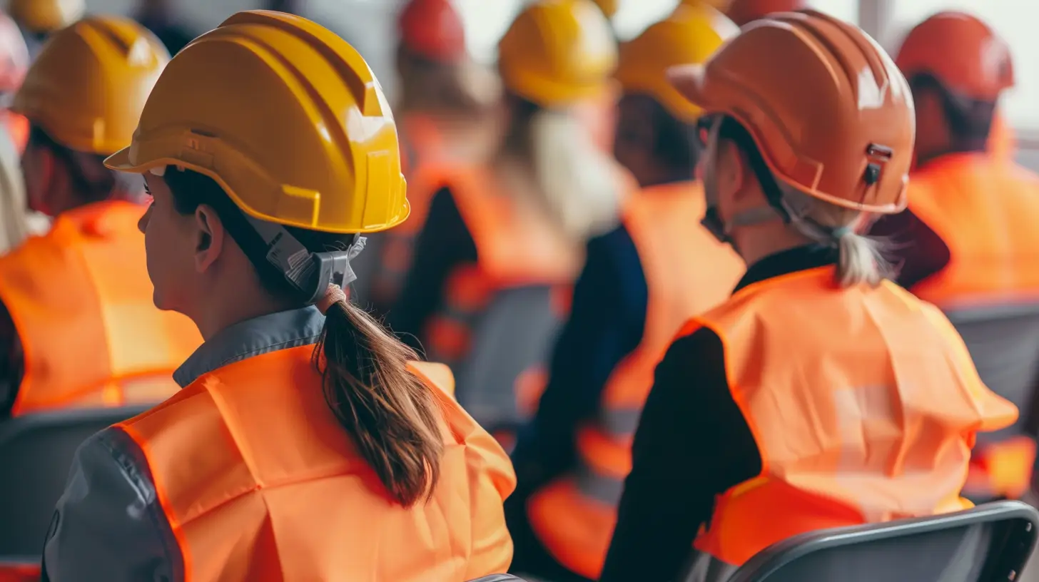 Grupa pracowników budowlanych w kaskach i kamizelkach odblaskowych na szkoleniu BHP.