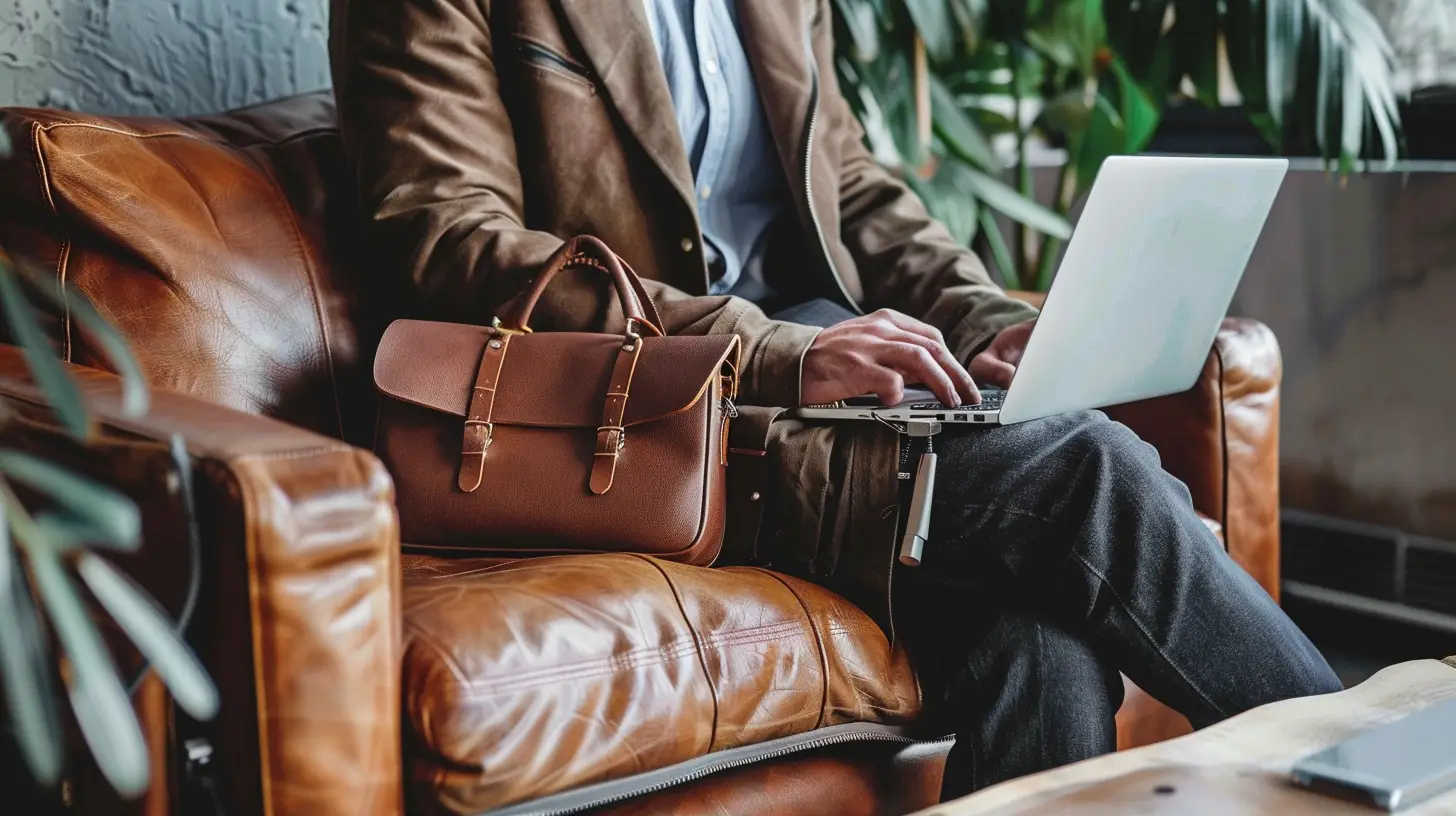 Mężczyzna w marynarce pracujący na laptopie, siedzący na skórzanej kanapie z torbą obok.