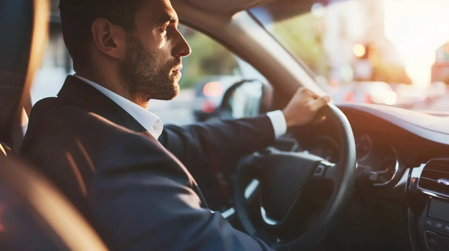 Widok zza kierownicy samochodu, osoba prowadzi auto w mieście o zmroku.