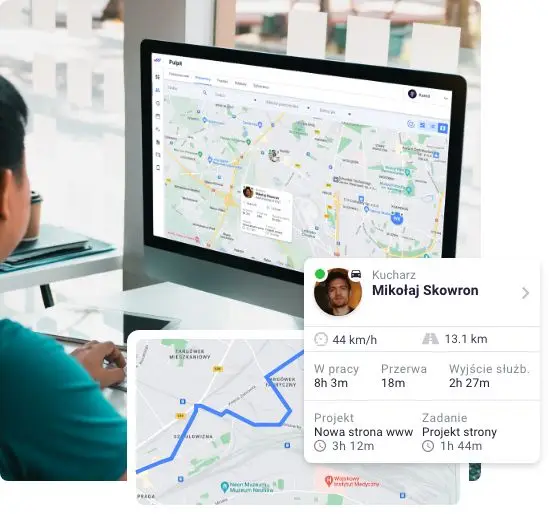 Ekran z mapą GPS monitorującą pracownika w czasie rzeczywistym.