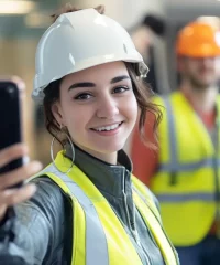 kobieta-na-budowie-selfie-kask-kamizelka Kobieta w kasku i kamizelce odblaskowej robi selfie na budowie.