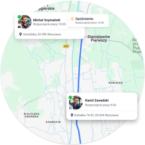 Lokalizacja pracowników Michała Szymańskiego i Kamila Zawadzkiego na mapie Warszawy.