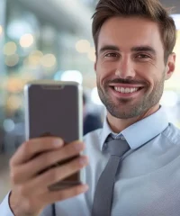 mezczyzna-biznes-selfie-usmiech Mężczyzna w eleganckiej koszuli i krawacie robiący selfie w biurowcu.