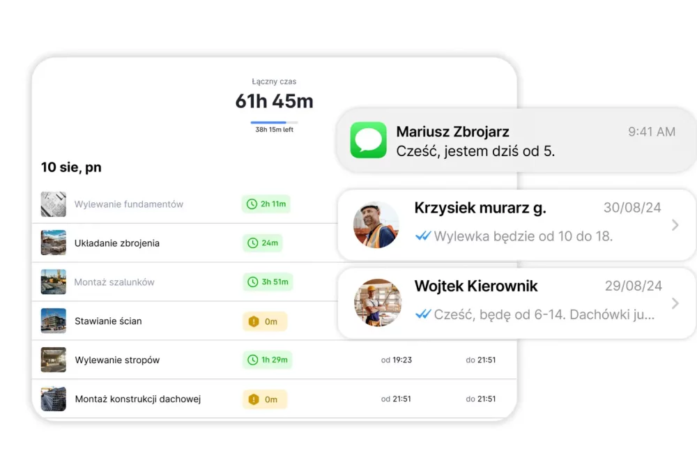 Lista zadań budowlanych z czasem trwania i komunikacją zespołu.