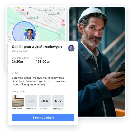 Aplikacja mobilna z mapą GPS i szczegółami zadania w tle uśmiechniętego mężczyzny z tabletu.