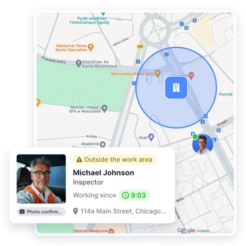 GPS map showing inspector located outside the work area since 9:03 AM with confirmation photo icon.