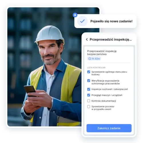 Pracownik budowlany korzystający z aplikacji do zarządzania zadaniami z listą kontrolną inspekcji.