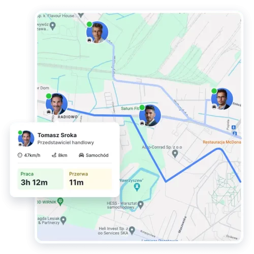 Mapa z trasą przedstawiciela handlowego i czasem pracy podczas delegacji z aktywnym modułem Monitoringu GPS w aplikacji Moniti