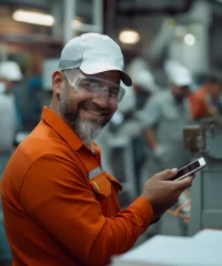 pracownik-produkcji-monitoruje-prace Uśmiechnięty pracownik z telefonem komórkowym na hali produkcyjnej